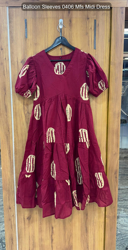 Balloon Sleeves 0406 Mfs Cotton Midi Dress Manufacturer Gujarat