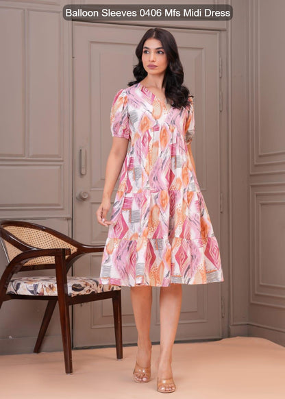 Balloon Sleeves 0406 Mfs Cotton Midi Dress Manufacturer Gujarat