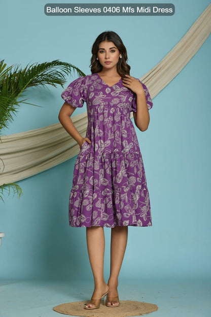 Balloon Sleeves 0406 Mfs Cotton Midi Dress Manufacturer Gujarat