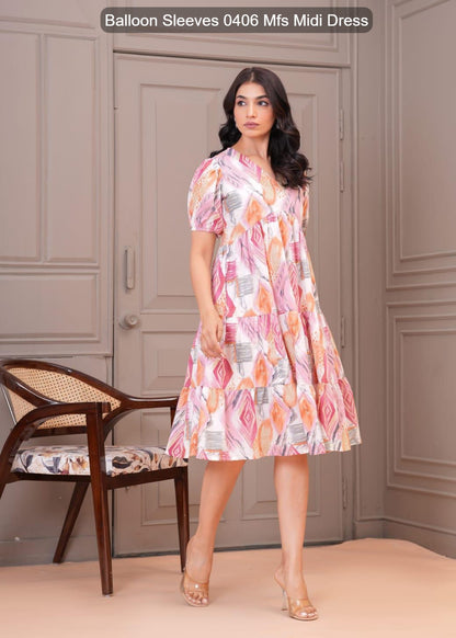 Balloon Sleeves 0406 Mfs Cotton Midi Dress Manufacturer Gujarat