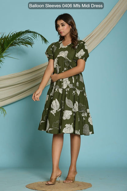 Balloon Sleeves 0406 Mfs Cotton Midi Dress Manufacturer Gujarat