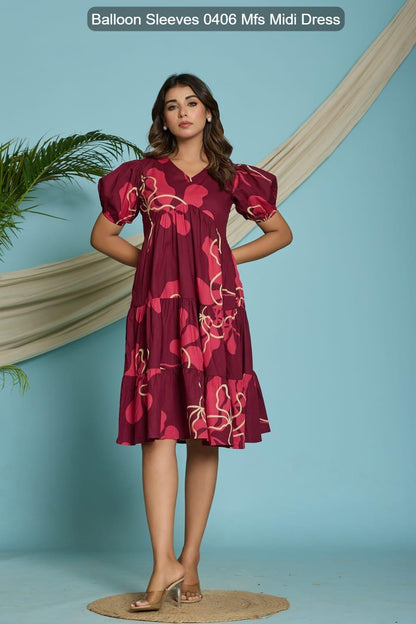 Balloon Sleeves 0406 Mfs Cotton Midi Dress Manufacturer Gujarat