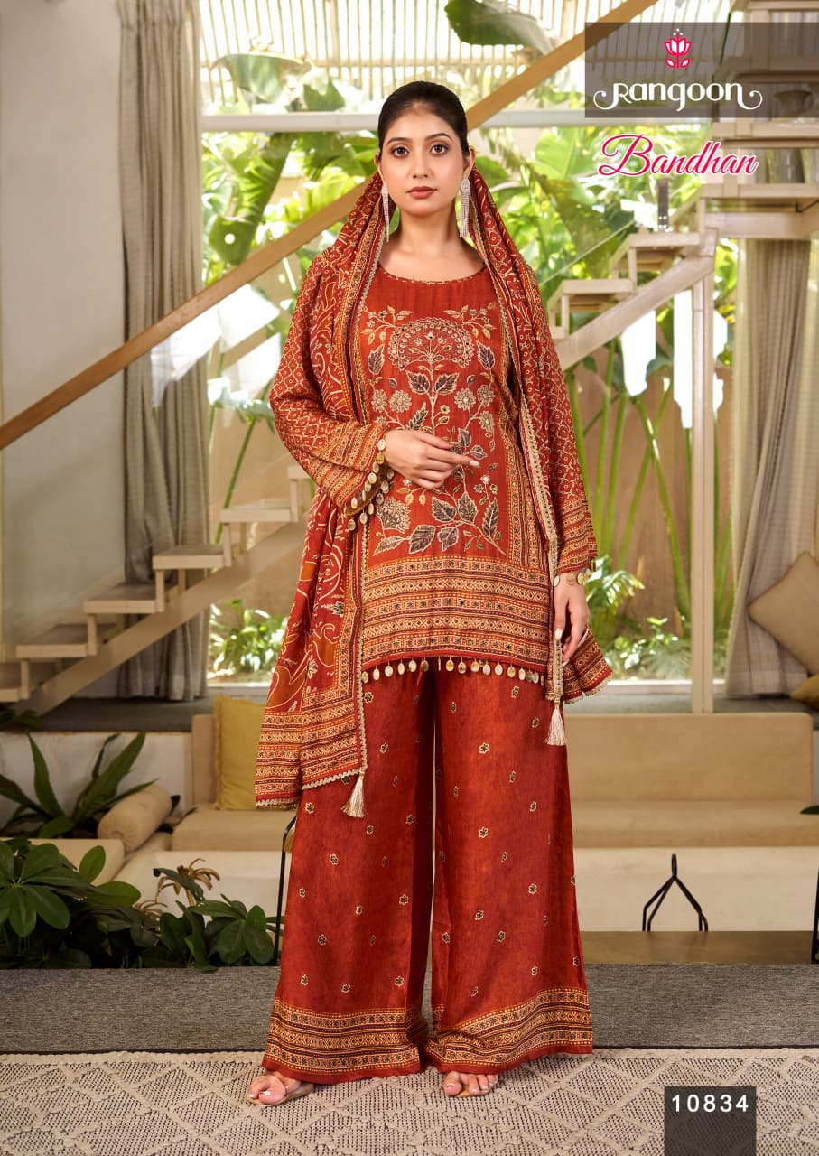 Bandhan Rangoon Pure Muslin Readymade Plazzo Style Suits Manufacturer Ahmedabad