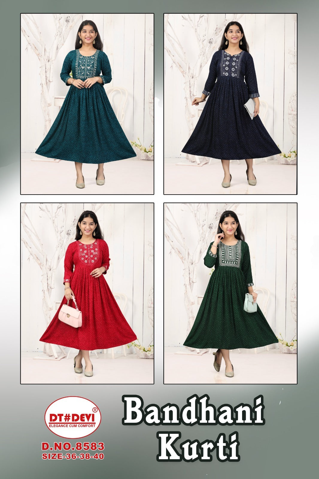 Bandhani 8583 Dt Devi Rayon Anarkali Kurtis Exporter Gujarat