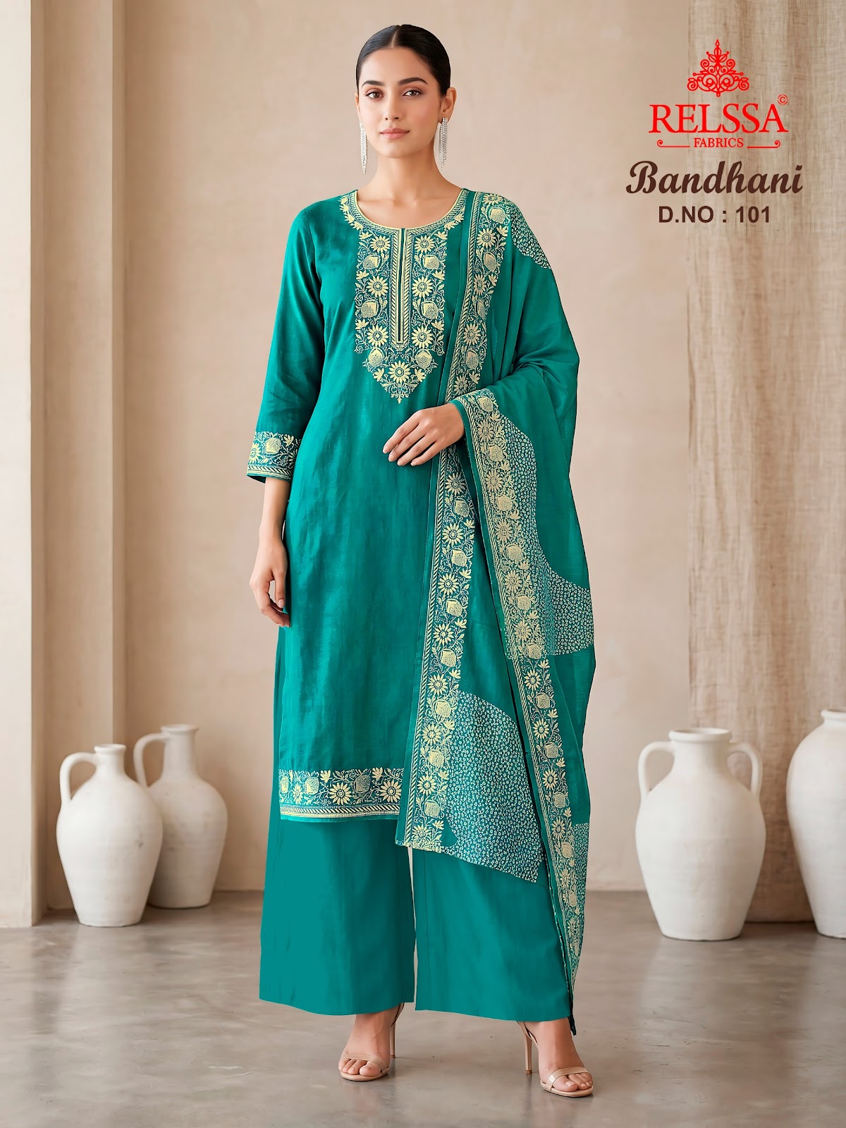 Bandhani Relssa Fabrics Bemberg Plazzo Style Suits Wholesale Price