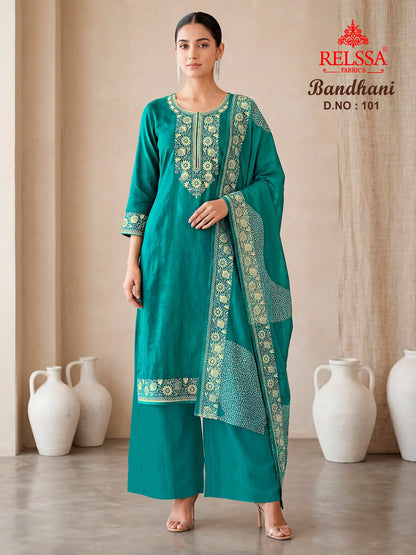 Bandhani Relssa Fabrics Bemberg Plazzo Style Suits Wholesale Price