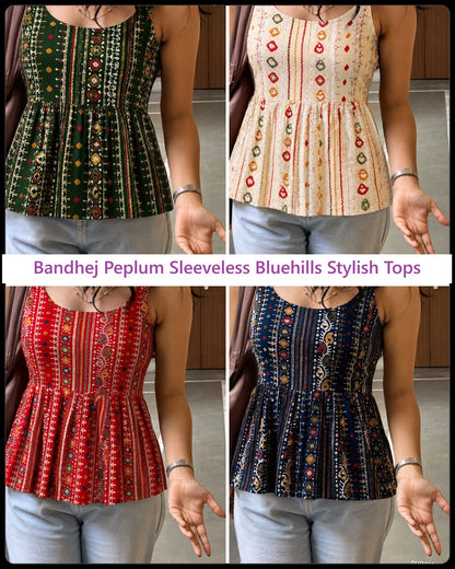 Bandhej Peplum Sleeveless Bluehills Rayon Stylish Tops Wholesale Rate