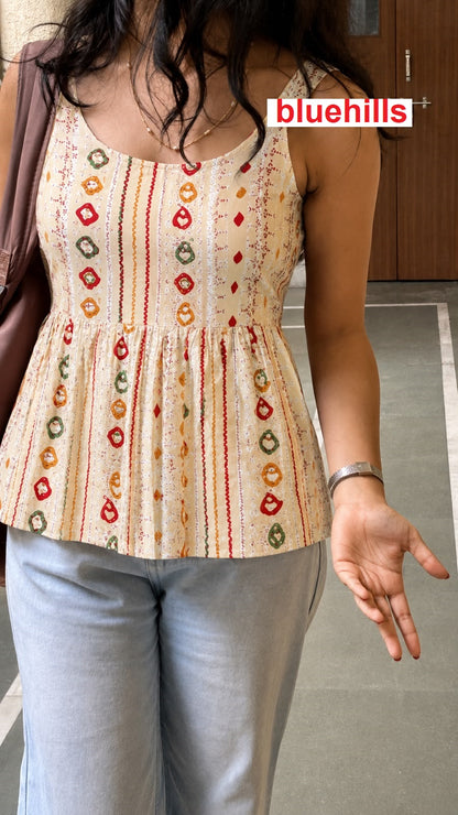 Bandhej Peplum Sleeveless Bluehills Rayon Stylish Tops Wholesale Rate