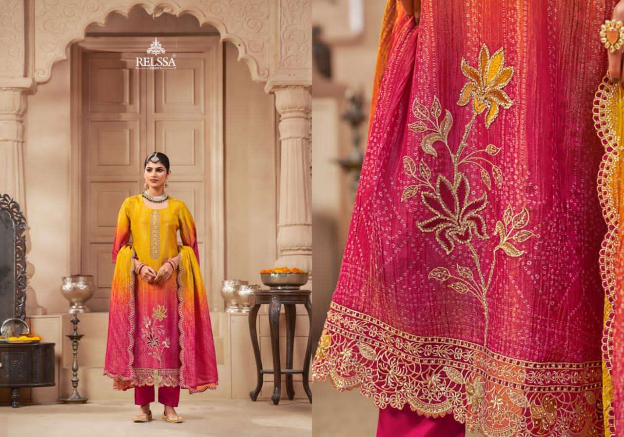 Bandhej Relssa Fabrics Simmer Tissue Pant Style Suits Wholesale