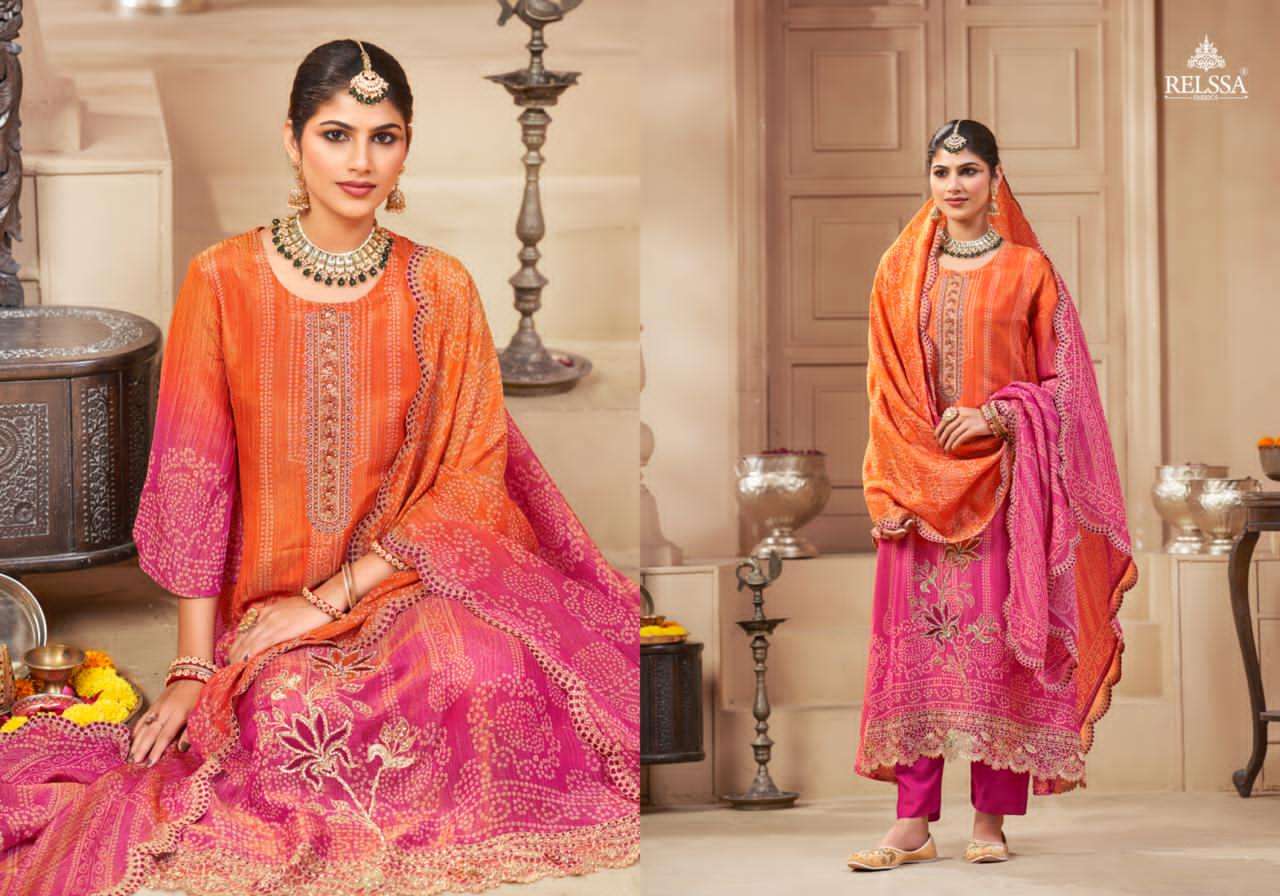 Bandhej Relssa Fabrics Simmer Tissue Pant Style Suits Wholesale