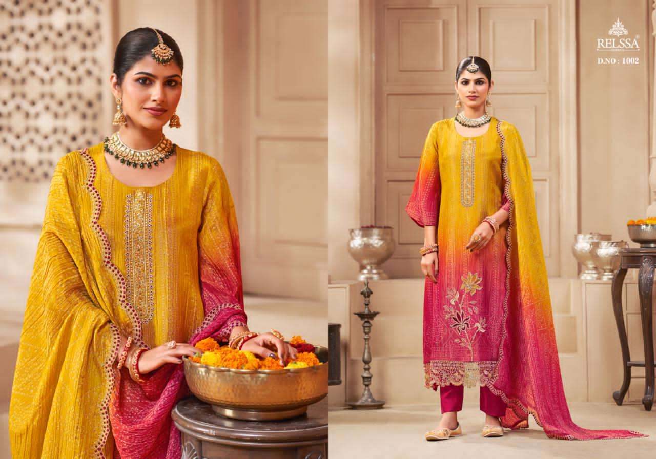 Bandhej Relssa Fabrics Simmer Tissue Pant Style Suits Wholesale