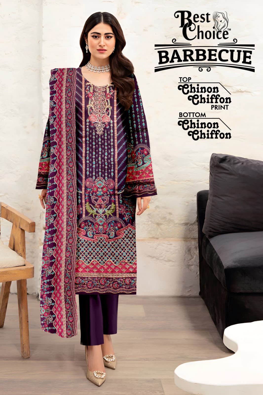 बारबेक्यू बेस्ट चॉइस चिनॉन शिफॉन कराची सलवार सूट निर्माता