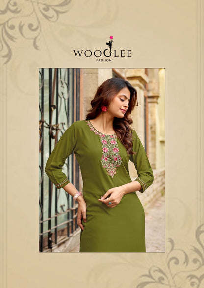 Barbella Vol 14 Wooglee Rayon Long Straight Kurti Supplier