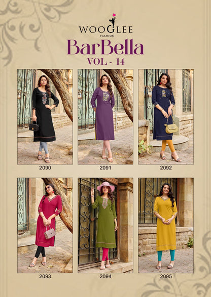 Barbella Vol 14 Wooglee Rayon Long Straight Kurti Supplier