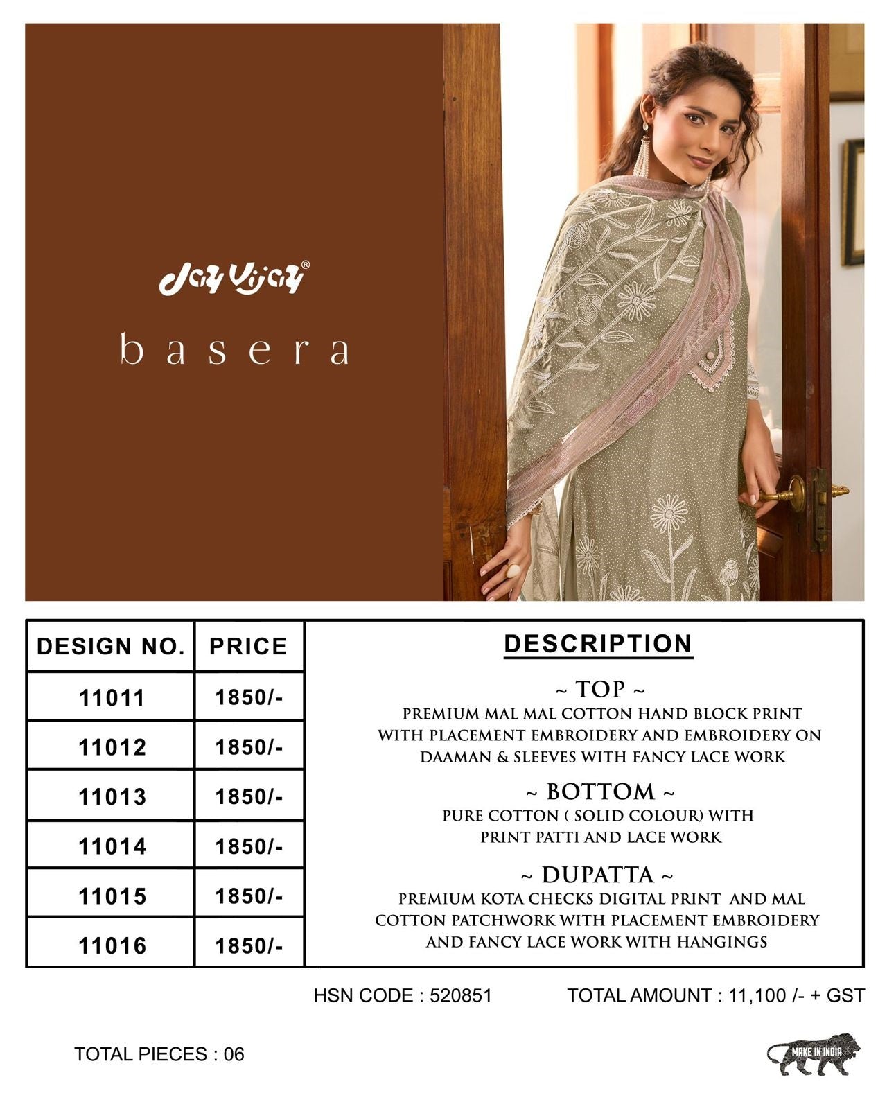 Basera Jay Vijay Mal Cotton Pant Style Suits Wholesaler