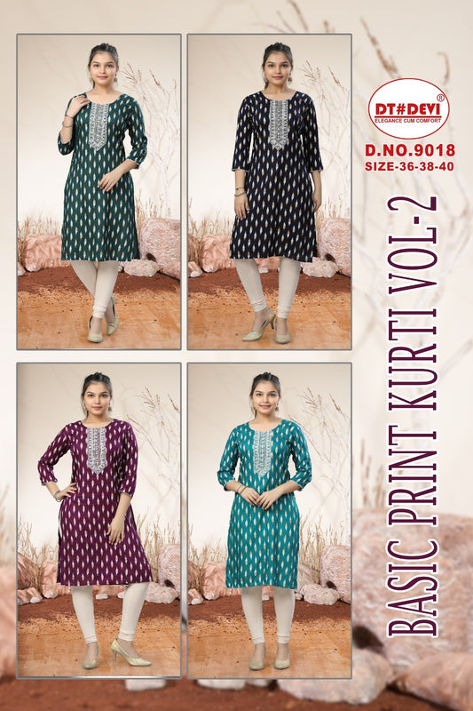 Basic Print Vol 2 Dn 9018 Dt Devi Rayon Girls Kurti Wholesaler Ahmedabad