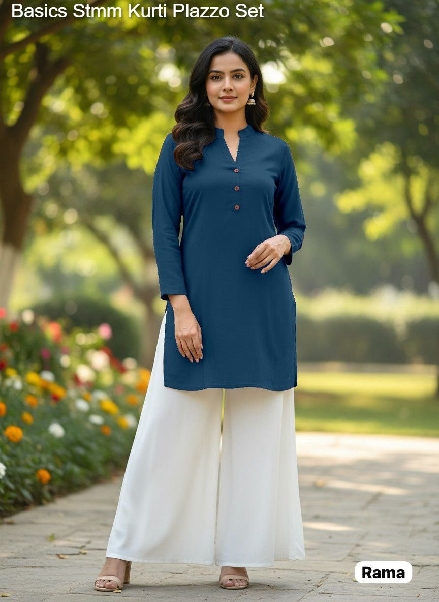 Basics Stmm Heavy Rayon Kurti Plazzo Set Wholesale Rate
