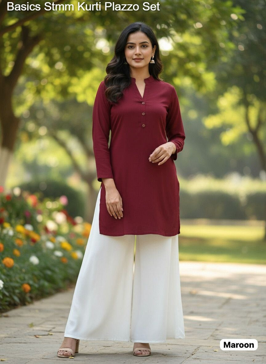 Basics Stmm Heavy Rayon Kurti Plazzo Set Wholesale Rate