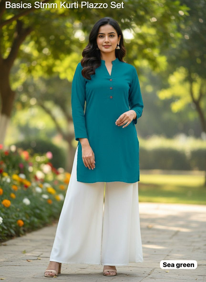 Basics Stmm Heavy Rayon Kurti Plazzo Set Wholesale Rate