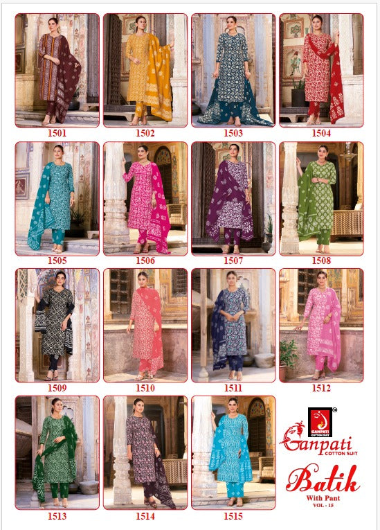 Batik Vol 15 Ganpati Readymade Cotton Pant Suits Exporter Ahmedabad