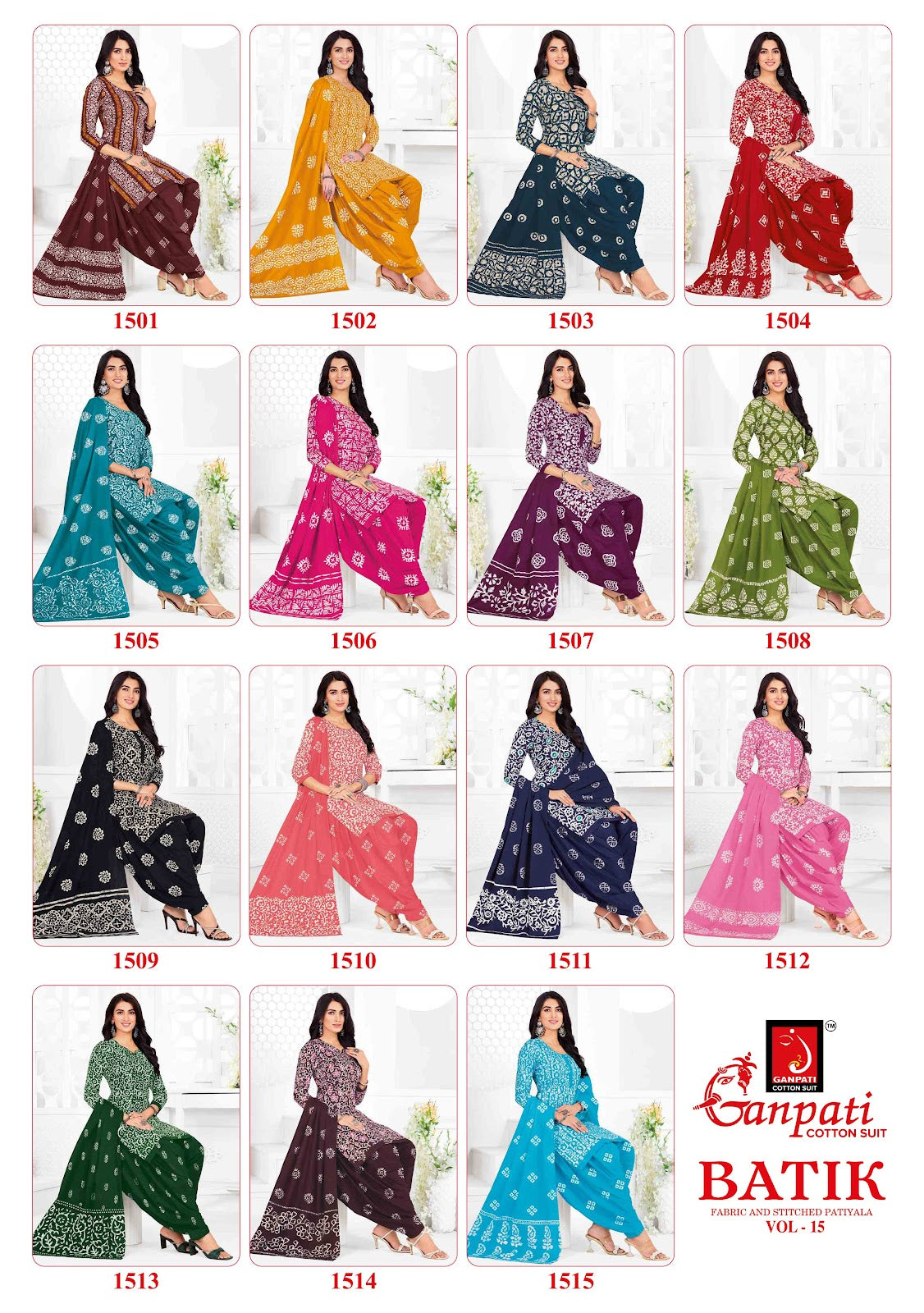 Batik Vol 15 Ganpati Readymade Cotton Patiyala Suits Supplier Ahmedabad
