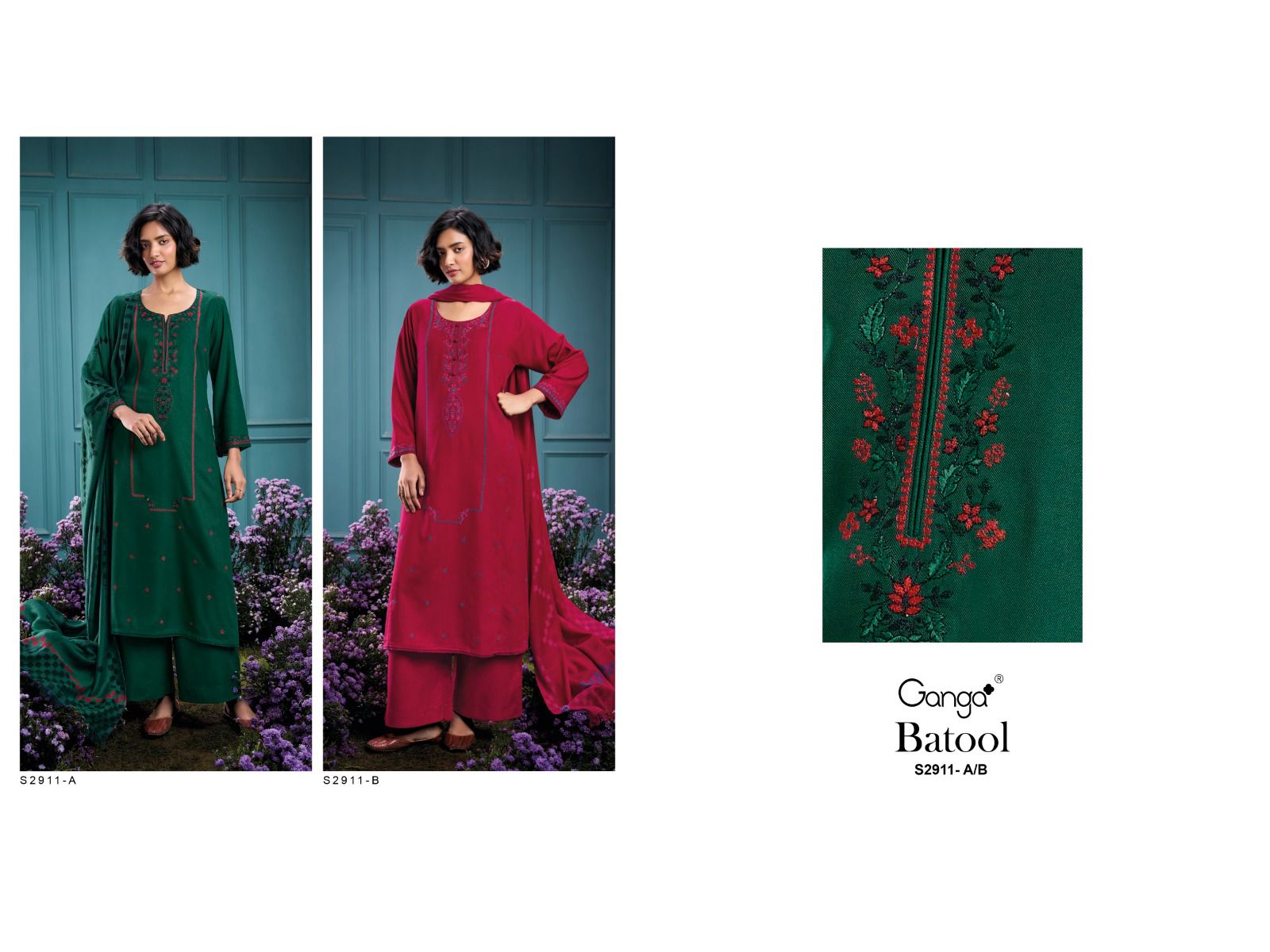 Batool 2911 Ganga Pashmina Plazzo Style Suits Wholesale