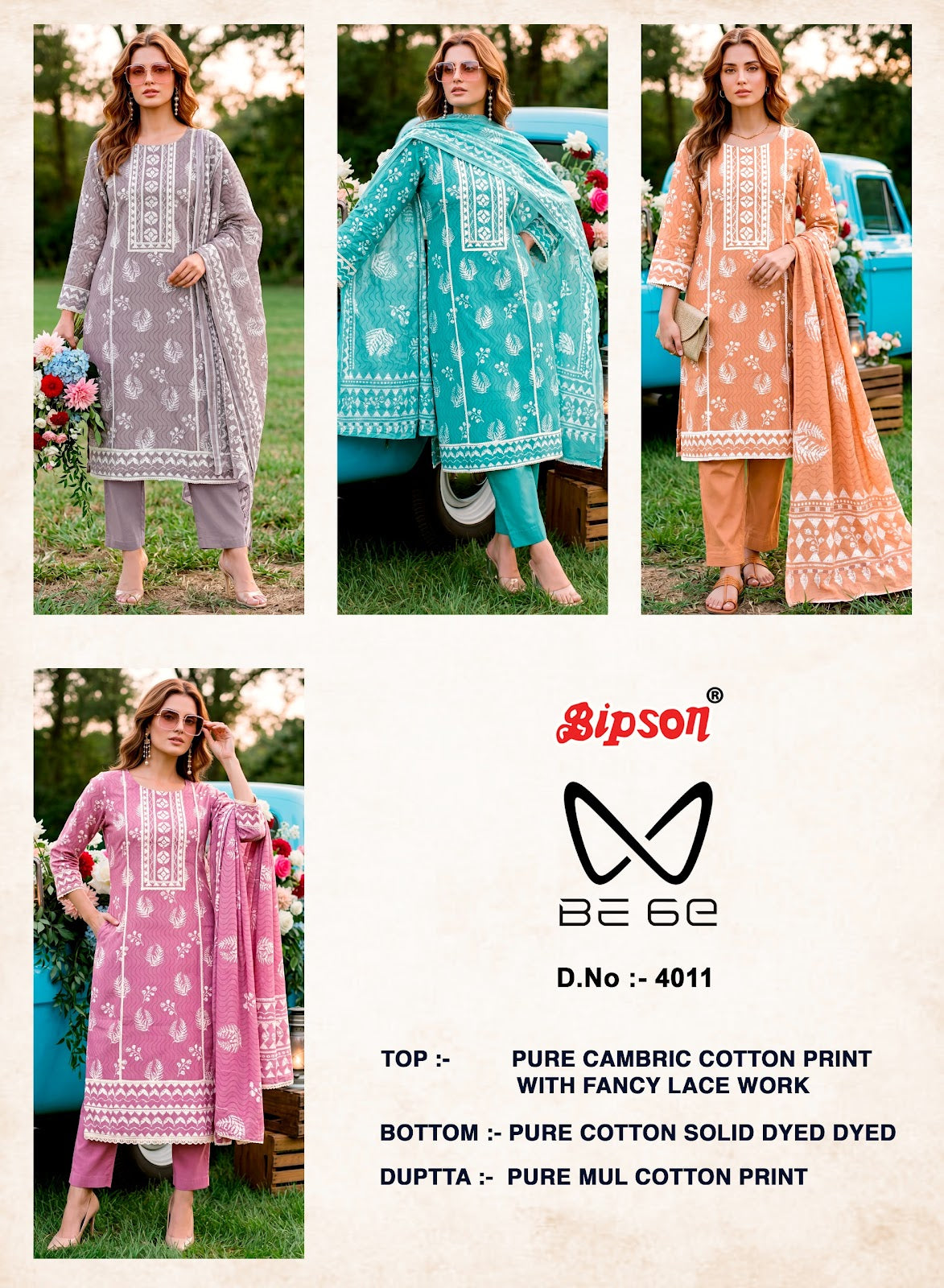 Be 6E 4009-4010-4011 Bipson Prints Cotton Pant Style Suits Exporter India