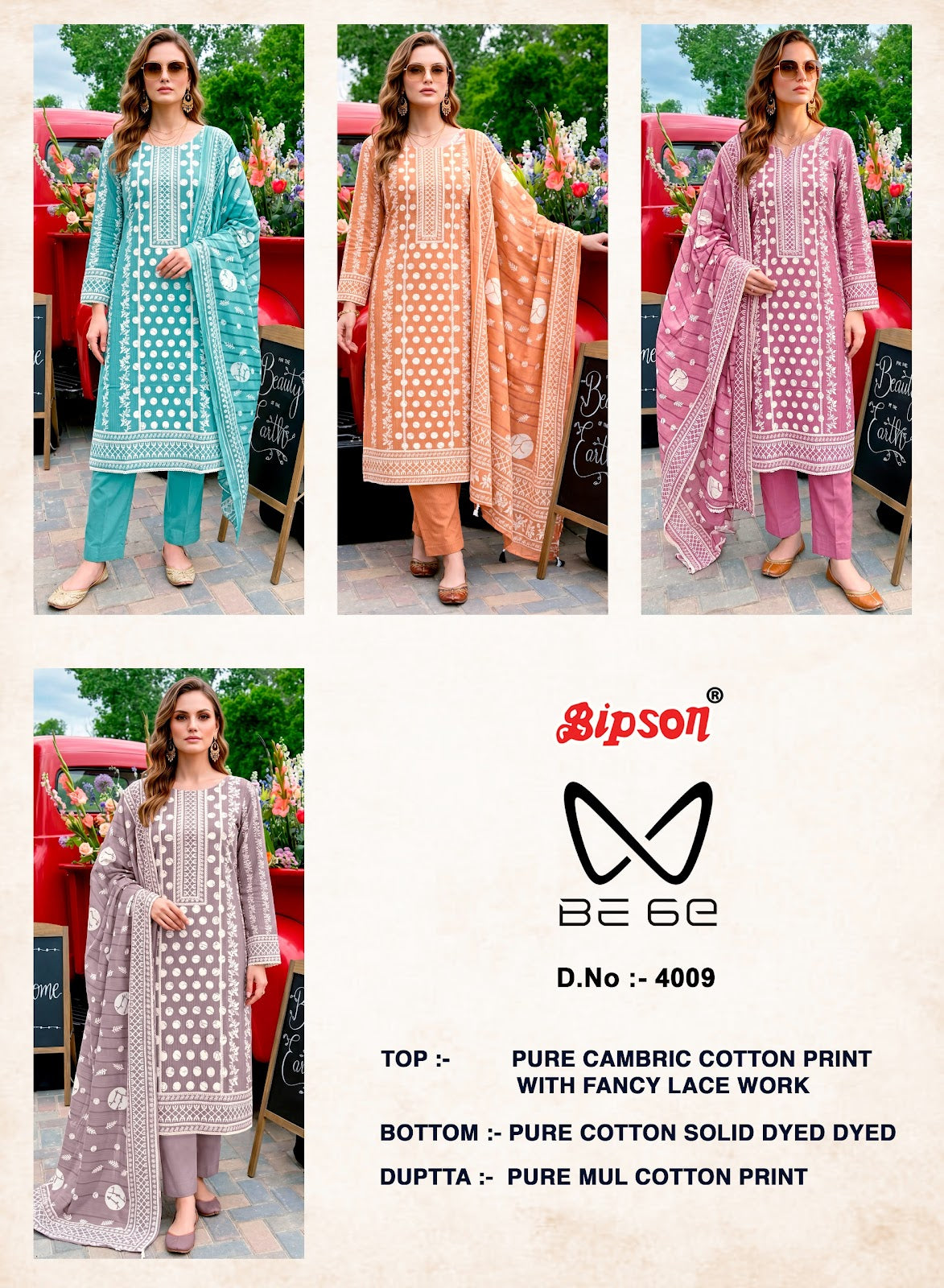 Be 6E 4009-4010-4011 Bipson Prints Cotton Pant Style Suits Exporter India