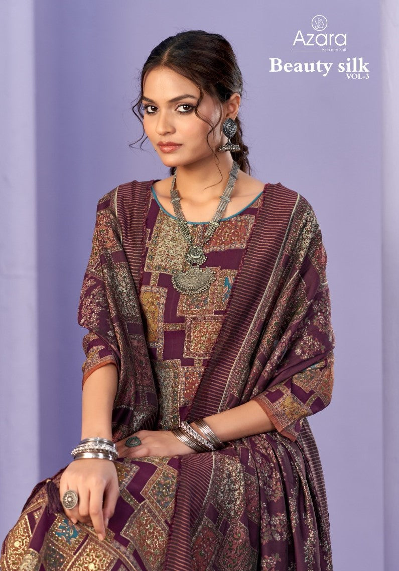 Beauty Silk Vol 3 Radhika Fashion Azara Muslin Karachi Salwar Suits Manufacturer Ahmedabad