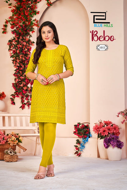 Bebo Blue Hills Rayon Knee Length Kurtis Exporter India