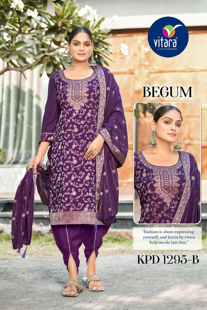 Begum Dhoti Style Vitara Muslin Jacquard Readymade Suits Wholesaler Gujarat