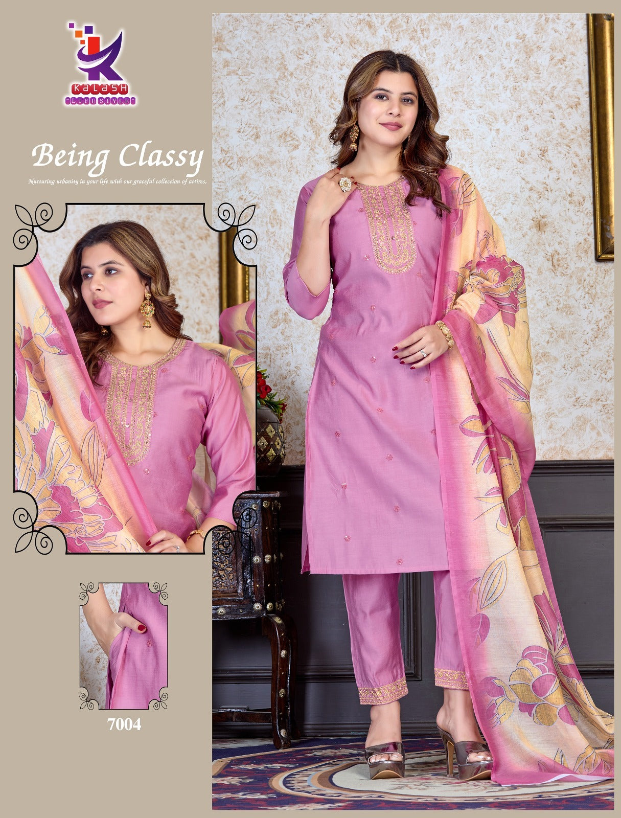 Being Classy Mlm Kalash Lifestyle Roman Silk Readymade Pant Style Suits Wholesale Rate