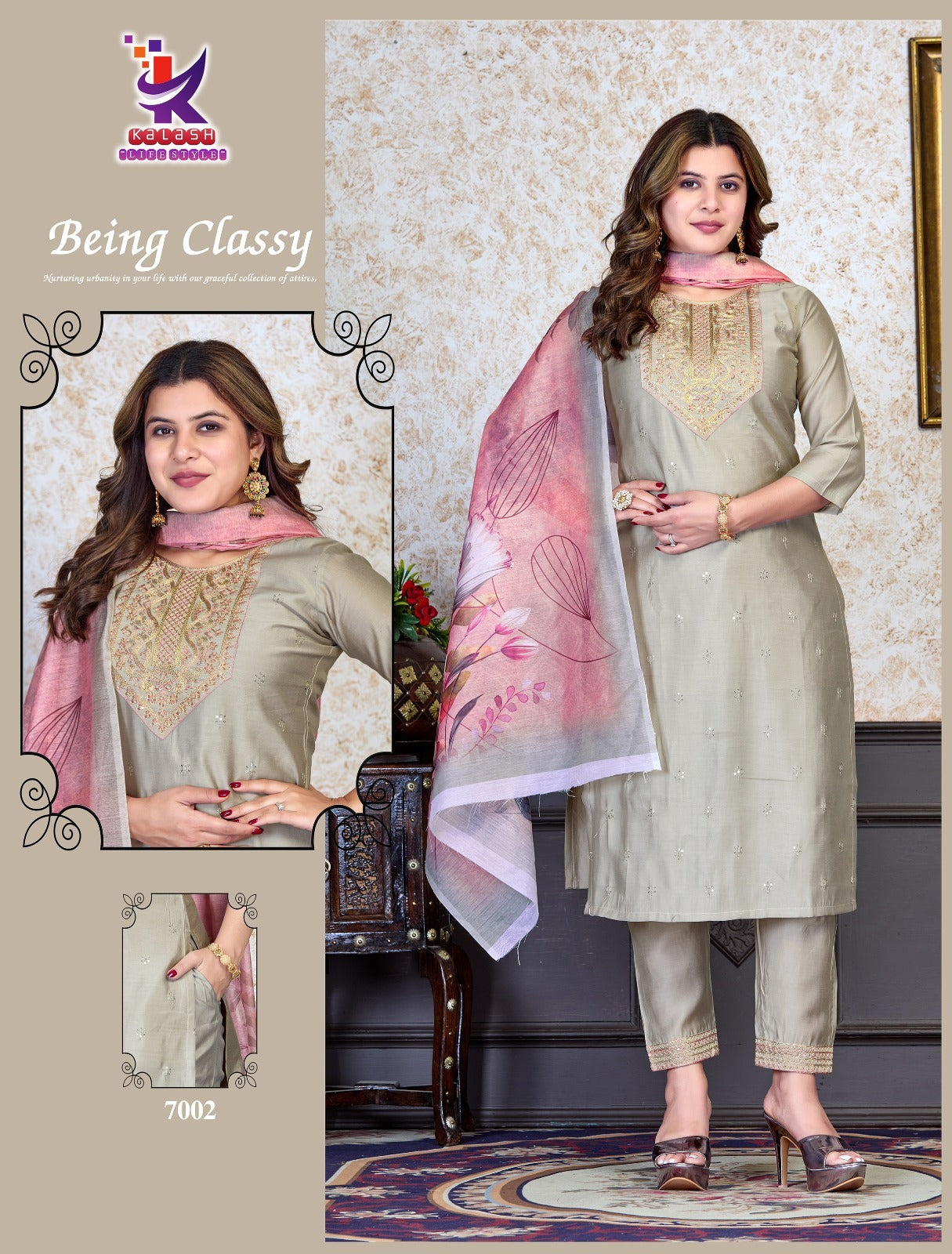 Being Classy Mlm Kalash Lifestyle Roman Silk Readymade Pant Style Suits Wholesale Rate
