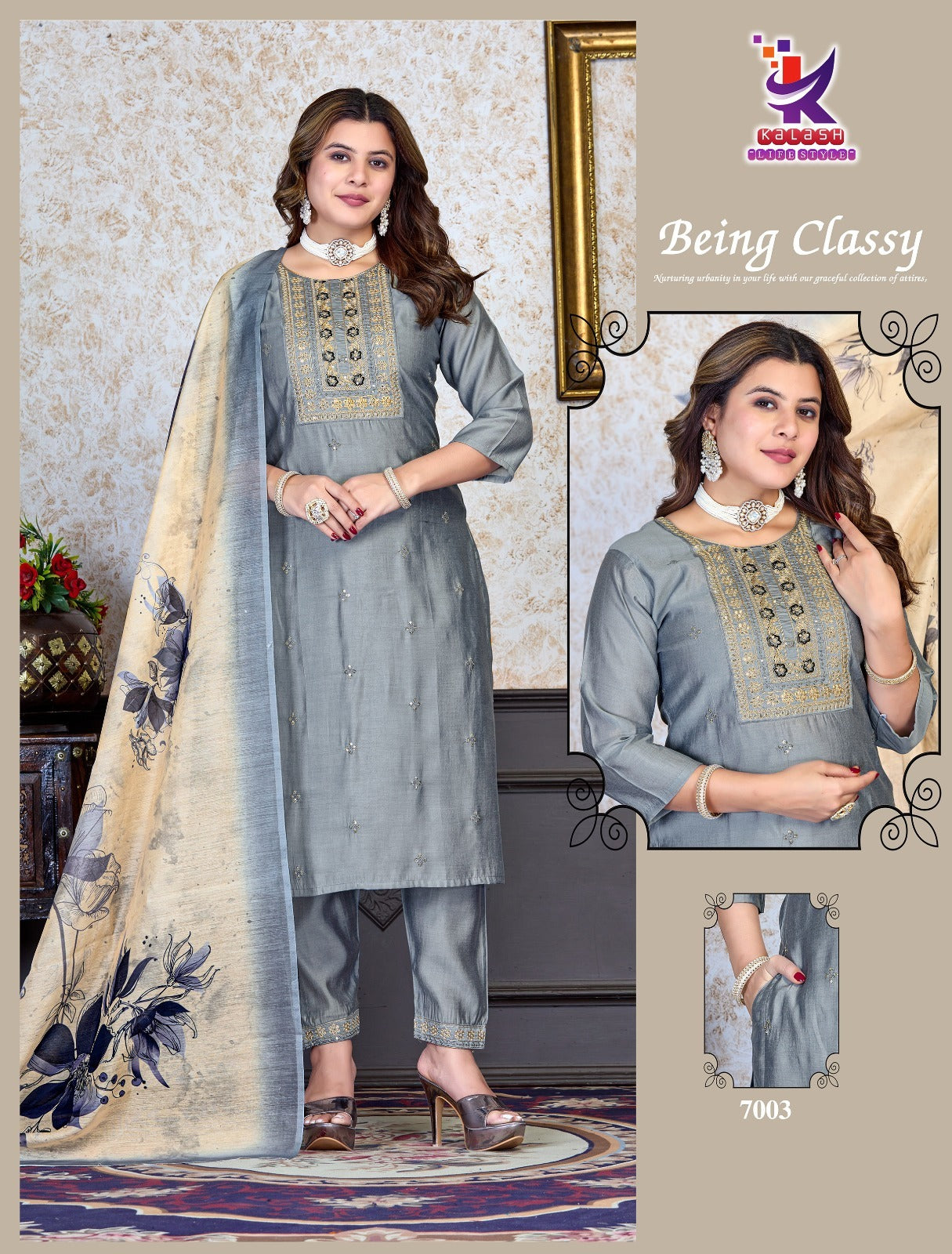Being Classy Mlm Kalash Lifestyle Roman Silk Readymade Pant Style Suits Wholesale Rate