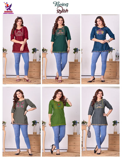 Being Stylish Mlm Kalash Lifestyle Rayon 17Kg Short Kurtis Exporter
