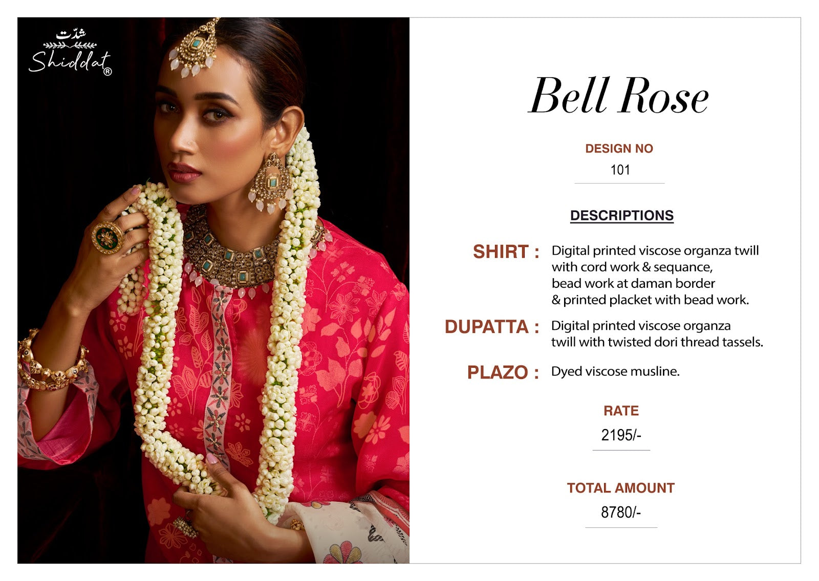 Bell Rose 101 Shiddat Viscose Organza Plazzo Style Suits Wholesale Price