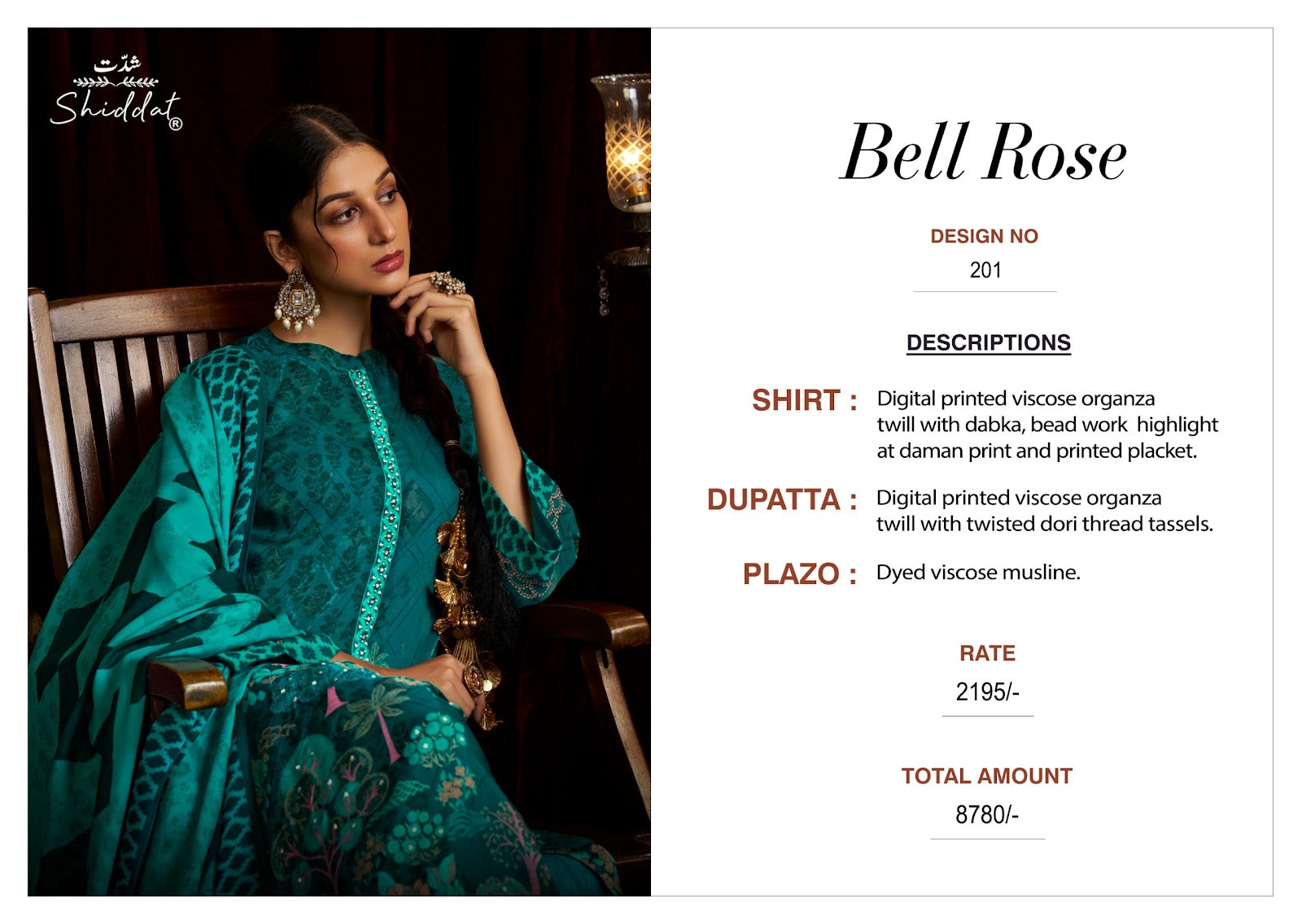 Bell Rose 201 Shiddat Viscose Organza Pant Style Suits Supplier India