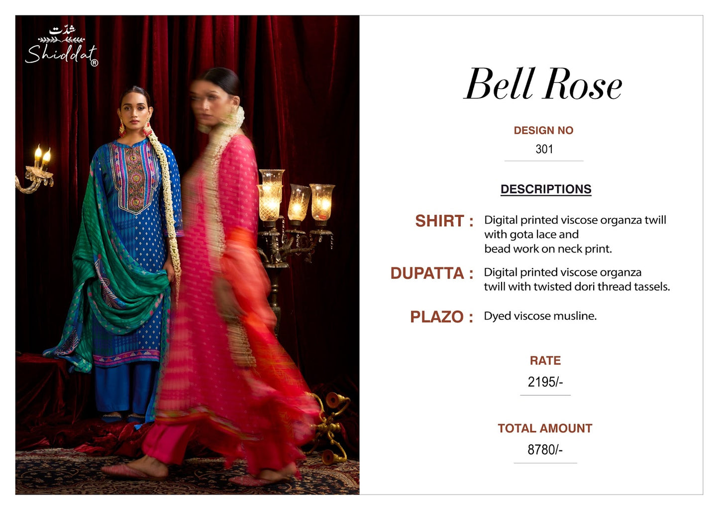 Bell Rose 301 Shiddat Viscose Organza Pant Style Suits Wholesaler Gujarat