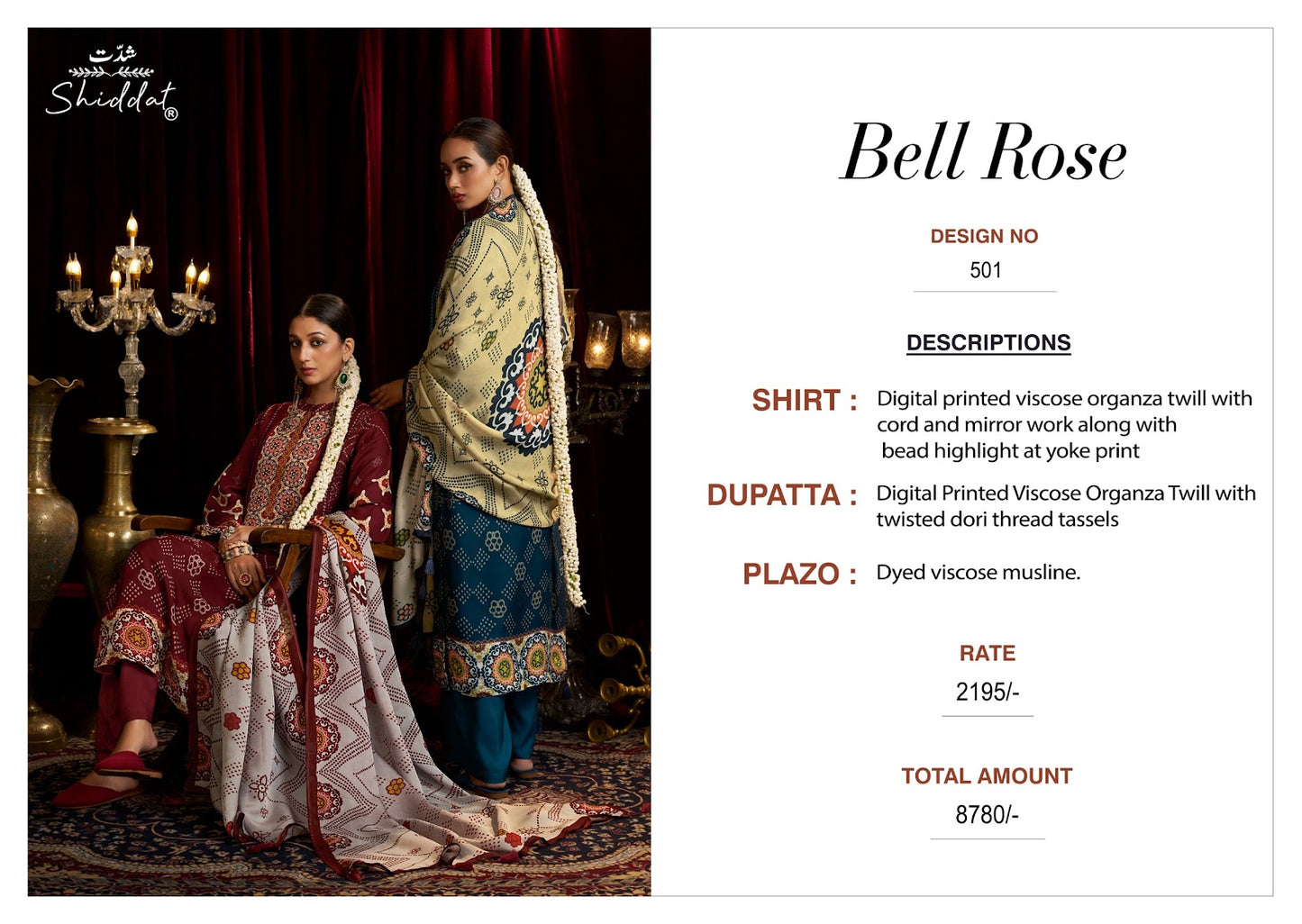 Bell Rose 501 Shiddat Viscose Organza Plazzo Style Suits Exporter India