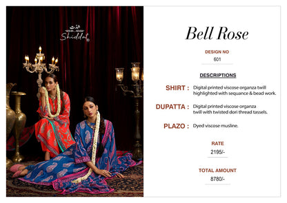 Bell Rose 601 Shiddat Viscose Organza Plazzo Style Suits Wholesale Rate