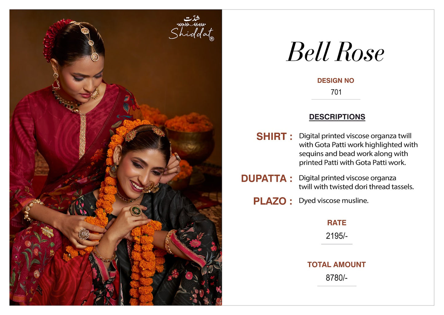 Bell Rose 701 Shiddat Viscose Organza Plazzo Style Suits Supplier