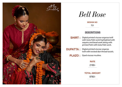 Bell Rose 701 Shiddat Viscose Organza Plazzo Style Suits Supplier