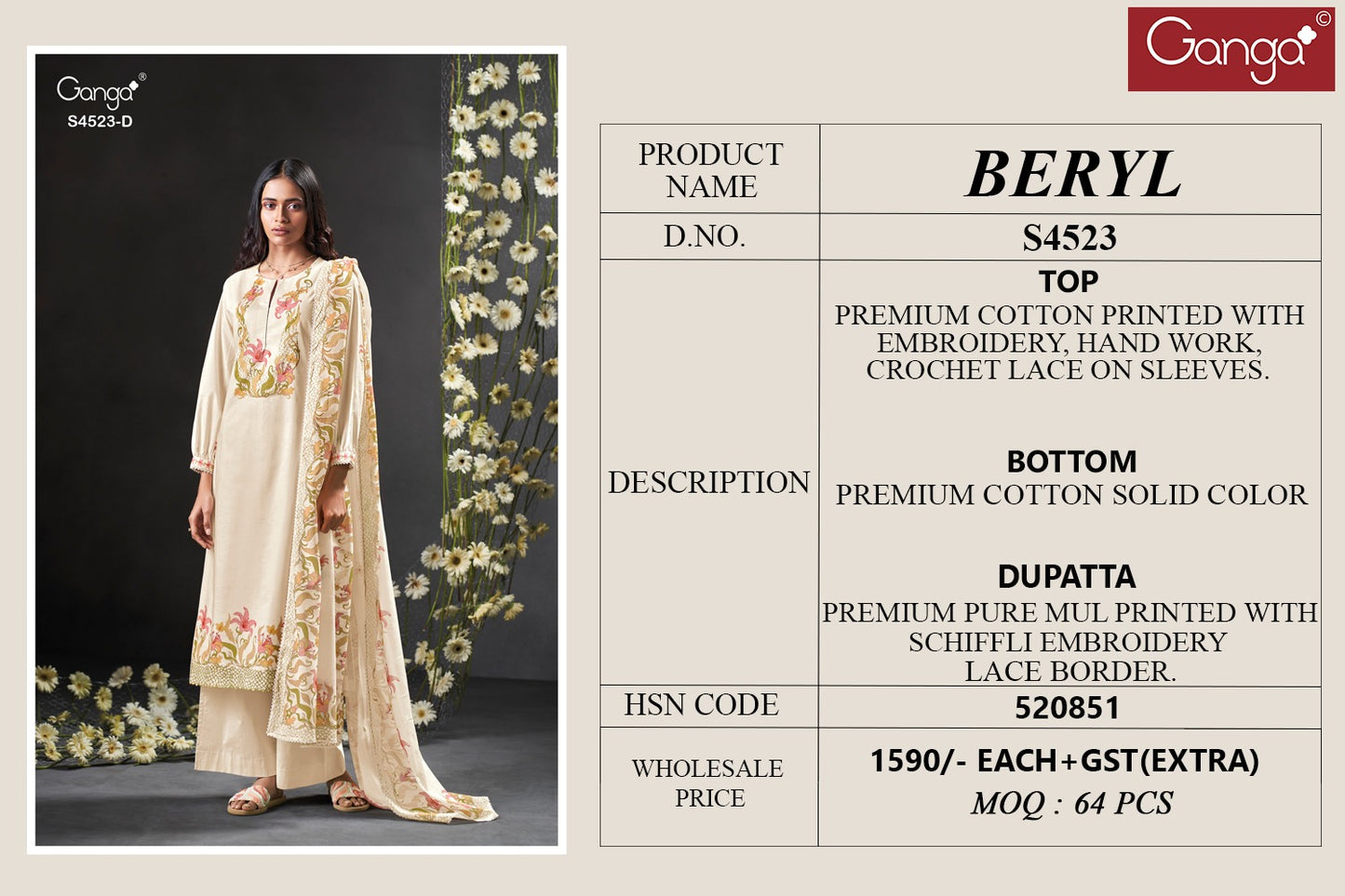 Beryl 4523 Ganga Cotton Plazzo Style Suits Supplier Ahmedabad