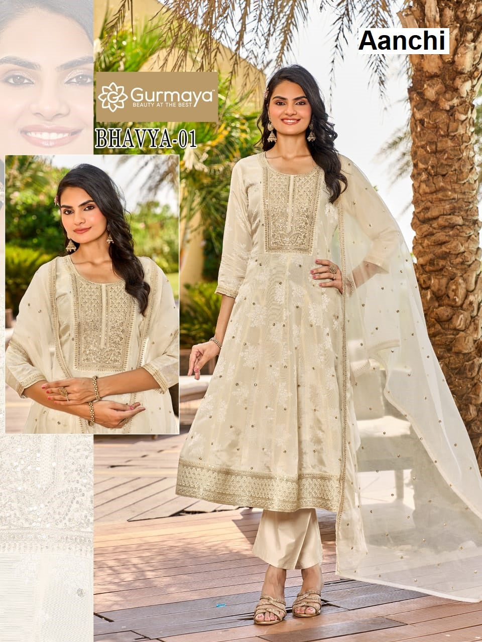 Bhavya Gurmaya Aanchi Tissue Jacquard Readymade Anarkali Suits Supplier