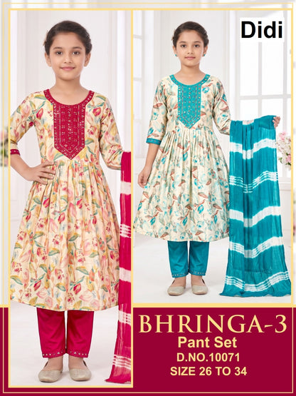 Bhringa 3 Dn 10071 Didi Mul Chanderi Girls Readymade Pant Suits Wholesale Price