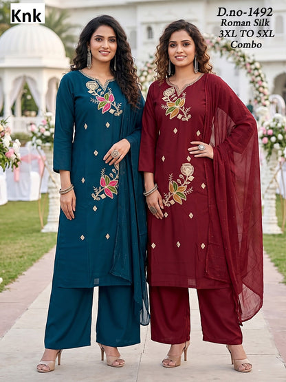 Big Size 221026 Knk Roman Silk Readymade Plazzo Style Suits Wholesaler Ahmedabad