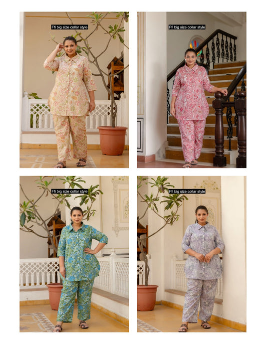 Big Size Collar Style Ffi Cotton Co Ord Set Wholesaler