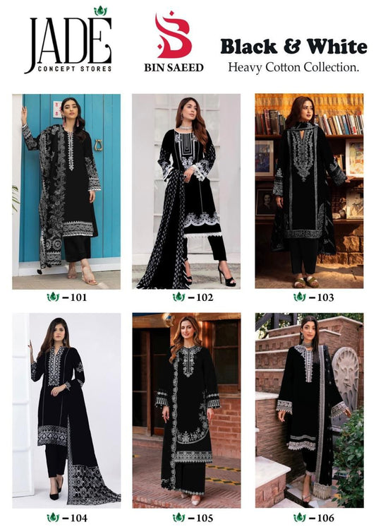 Bin Saeed Black-White Cotton Collection Jade Karachi Salwar Suits Wholesale Price