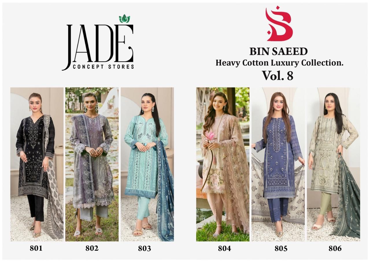 Bin Saeed Heavy Cotton Luxury Collection Vol 8 Jade Lawn Karachi Salwar Suits Wholesale Price