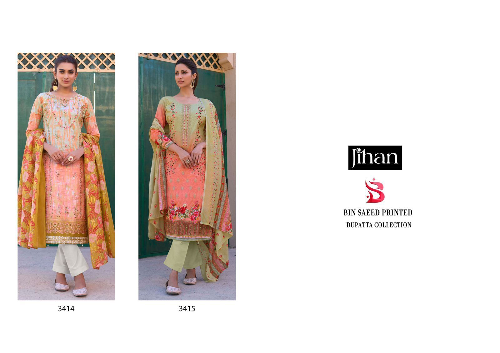 Bin Saeed Lawn Printed Dupatta Collection 3414-3415 Jihan Pure Lawn Pakistani Salwar Suits Manufacturer Gujarat